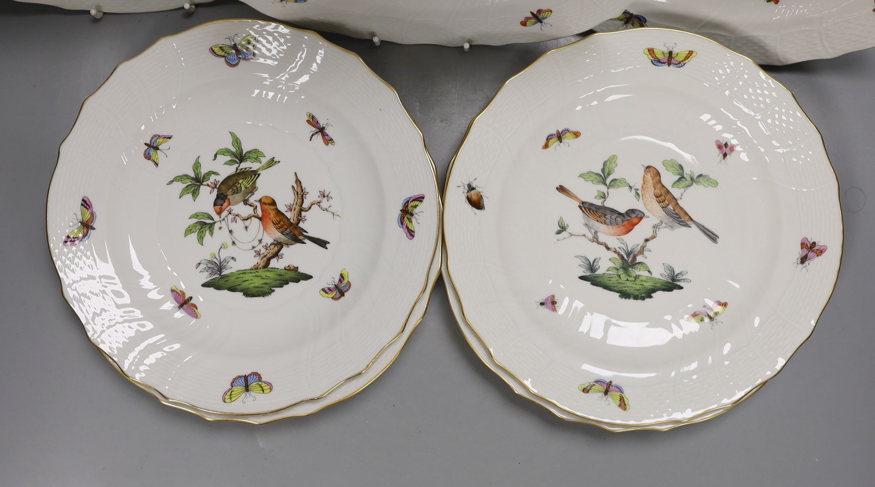 Eight Herend Rothschild bird hand painted dessert plates, 23 cms diameter.